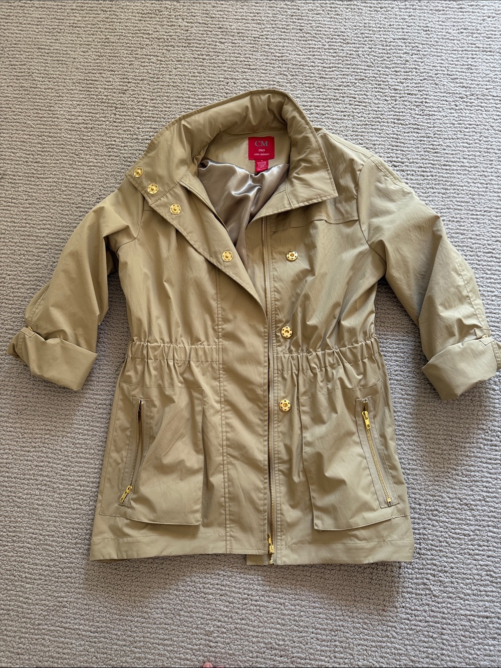 Milano Girls' Taupe Hooded Raincoat with Gold Hardware
